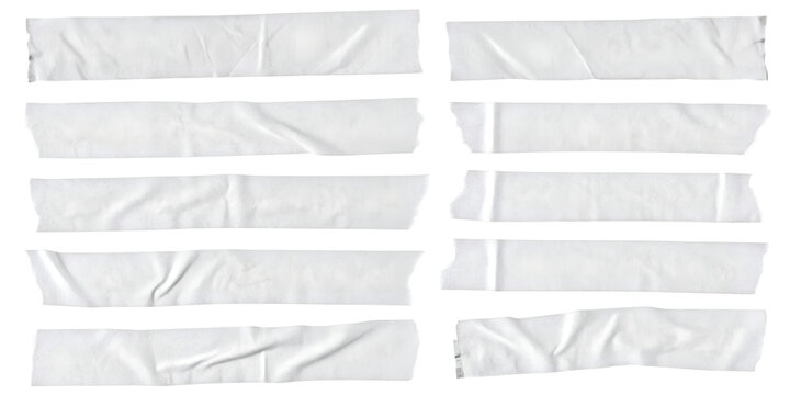 Collection of White Masking Tape Strips with Torn Edges on a White Background