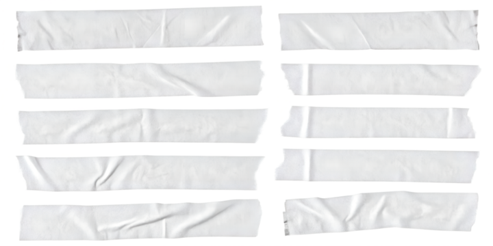 Collection of White Masking Tape Strips with Torn Edges on a White Background