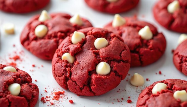Fresh baked red velvet cookies with white chocolate chips. Homemade delicious dessert, sweet treats. Perfect for Valentine Day, holiday, bakery, cafe, candy shop menu design.