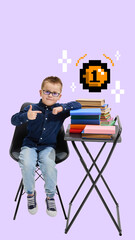 Bold and quirky visual with confident boy next to colorful books and coin power-up pixel art....