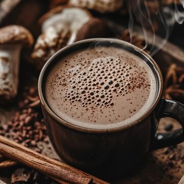 moody close-up of steaming cup of mushroom elixir made with reishi and chaga. Deep brown liquid, velvety texture, wisps of steam. rustic wooden tray dried mushrooms, cinnamon sticks, cacao powder. bio