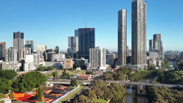 Aerial drone view of Parramatta CBD in Western Sydney, NSW, Australia looking at the east side on a sunny morning in June 2025 