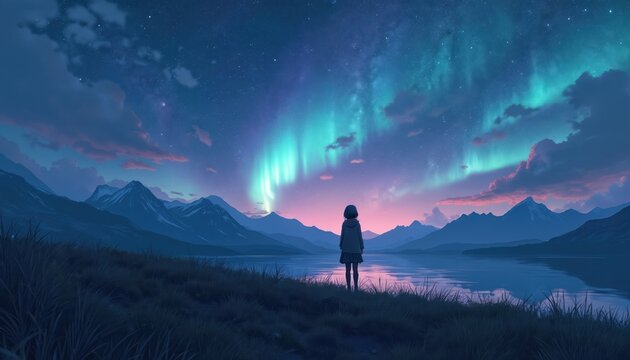 Anime girl stands alone, looks at aurora borealis, milkyway. Anime art illustration fantasy. Japanese manga anime girl. Aesthetic scene, colorful sky over mountains, lake. Magical girl awaits