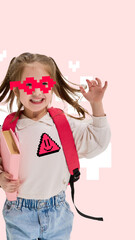 Bold and quirky back to school collage, featuring a girl in red pixel glasses, styled with playful...