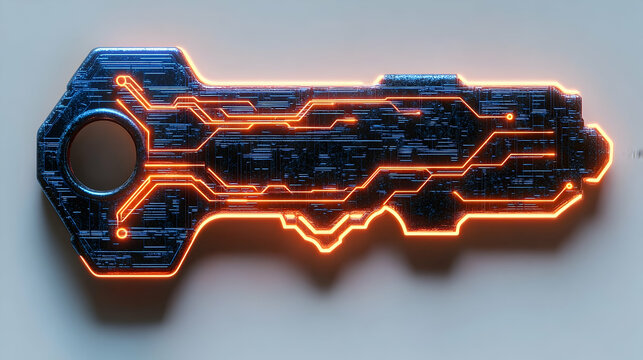 Key shape overlayed with glowing circuit board pattern, bright orange over digital dark blue on light background