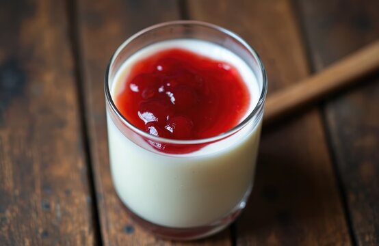 Glass of homemade yogurt topped with berry jam. Dessert on wooden table. Healthy breakfast snack for baby. Vegetarian meal. Dairy product. Vegan option. Refreshing summer food.