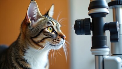 Cat eye check with veterinary ophthalmologist. Animal patient at clinic during eye exam with special equipment. Pet healthcare for vision condition treatment. Eye doctor, vision check.