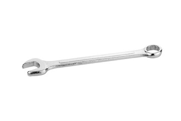 Shiny chrome combination wrench, a common hand tool for repair and construction, isolated on white...