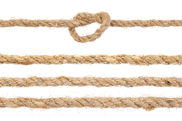 Set of natural hemp ropes with a knot, isolated on a white background with clipping path. Ideal for...