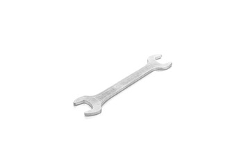 Metal double open-end spanner wrench, a classic hand tool for mechanical tasks, isolated on white...