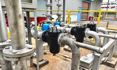 gas pipe and valves. Industrial cooling tower with connected insulated pipelines and filters. Essential part of HVAC and thermal systems used in large buildings or factories.