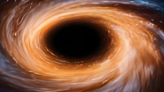 A swirling black hole surrounded by glowing gas and cosmic dust, illustrating the immense gravitational pull and beauty of space.