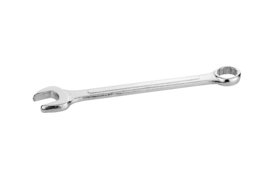 Shiny chrome combination wrench, a common hand tool for repair and construction, isolated on white background with clipping path.