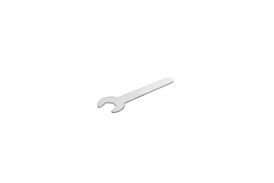 Small silver open-end wrench, a miniature hand tool or component, isolated on white background with clipping path. Ideal for precision work or flat lay designs.