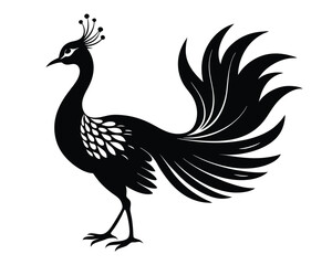 Obraz premium Elegant black peacock silhouette with detailed feather design against transparent background