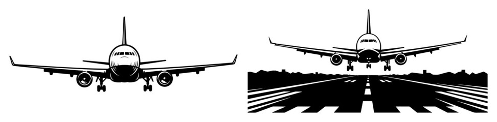 Commercial jetliner landing in straight-on runway approach, wheels down and lights aglow, dramatic aviation front view in black-and-white vector © Luka