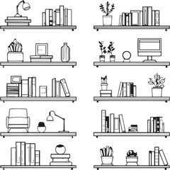 Bookshelf Black Line Editable Icons set 