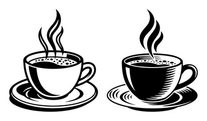 Two steaming coffee cups on matching saucers, inviting hot beverage moment in stylish black-and-white vector illustration