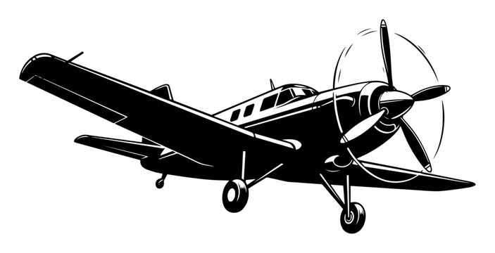 vintage propeller airplane in flight, retro small aircraft silhouette