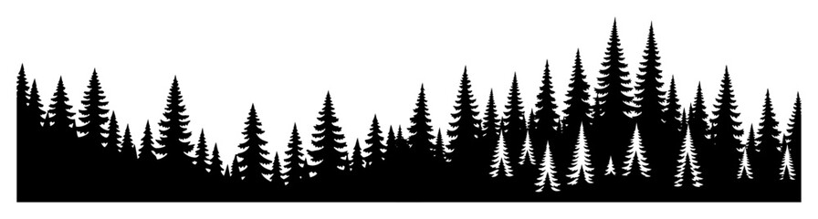 Obraz premium Seamless panorama of dense pine-spruce treeline silhouette, versatile evergreen forest border in crisp black-and-white vector style