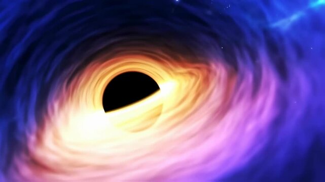 A black hole surrounded by a colorful accretion disk in deep space. Cosmic gravitational phenomenon footage. - Powered by Adobe