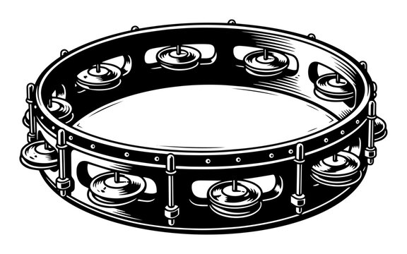 Round tambourine with multiple metal jingles viewed in perspective, classic handheld percussion instrument rendered in high-contrast black-and-white vector style