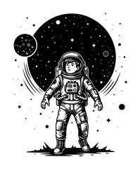 Cute child astronaut in retro spacesuit floating before starry planet backdrop, detailed black-and-white vector illustration