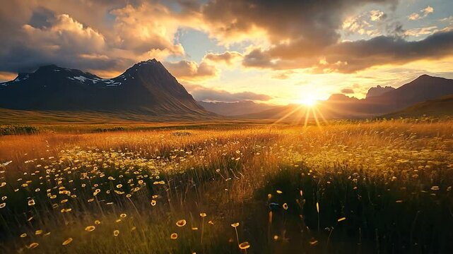 Golden sunset over mountain meadow, wildflowers, dramatic sky