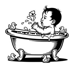 Cute Baby Splashing in Vintage Claw-Foot Tub with Rubber Ducks – Monochrome Vector Illustration