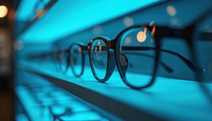 Eyeglasses display in optics store. Variety of trendy, stylish eyeglass frames on shelves. Vision concept, glasses for sale. Choice of spectacles. Optometry, shopping, retail.
