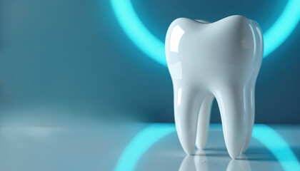 Realistic tooth model displayed dental clinic. Modern educational content. Focus on oral health awareness, dentistry, cosmetic, hygiene. Concept for dental care event, promotion, advertisement.