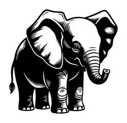 Cute baby elephant standing – black and white animal vector illustration
