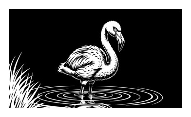 Black and white vector of a flamingo standing in shallow water. Perfect for wildlife, nature, or tropical design themes