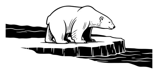Monochrome vector of a polar bear standing on a piece of ice. Ideal for climate, wildlife, and arctic-themed visuals