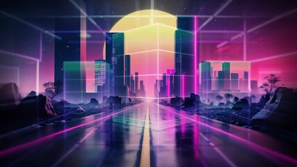 Opening neon-lined highway stretching toward skyline under glowing sun, with grid pulsing at rocks - Powered by Adobe