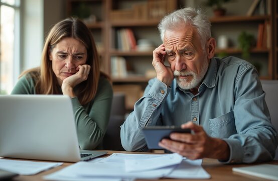 Mature couple stressed calculate home finances. Elderly man, woman look at laptop, documents, tablet. Debt problem, paying bills online. Bankruptcy, financial difficulties, insurance concept.
