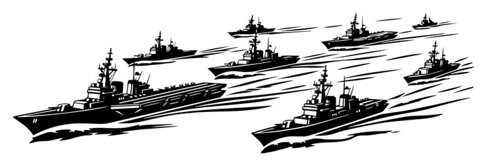 Naval fleet at sea – military ships in formation, black and white vector