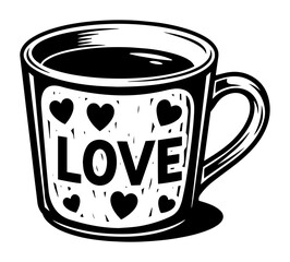Romantic coffee mug with the word LOVE and heart decorations, black and white vector for Valentine’s Day and love-themed designs