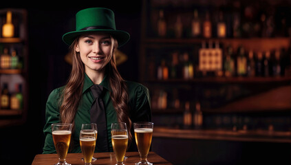 Smiling young Irish bartender in green St Patrick's Day top hat presenting craft beer flight on wooden board inside pub bar. Festive holiday beer tasting promotion banner.