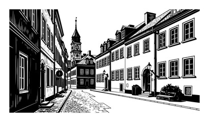 Old town street vector engraving – narrow European lane with cobblestones and church tower © Luka