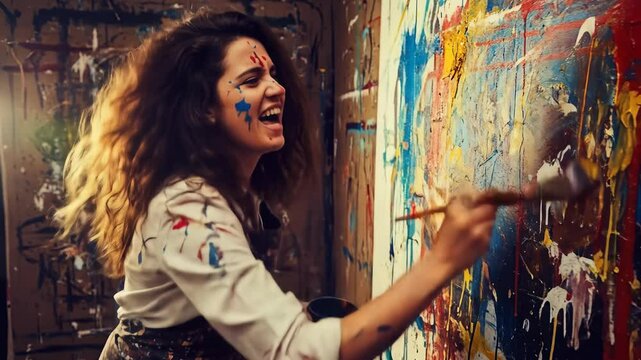 Happy woman painter splashing colorful paint on a canvas, creating an abstract art painting in her studio footage.