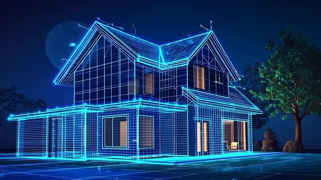 Futuristic smart home design at night with glowing digital framework