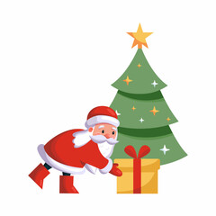 Fototapeta premium Santa Claus or Russian Father Frost puts gift under Christmas tree. Vector illustration for New Year. Cartoon style character.