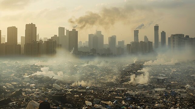 Smog-choked cityscape looms over a vast, smoldering landfill, illustrating the stark contrast between urban development and environmental degradation
