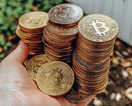A hand holds a large collection of digital currency coins