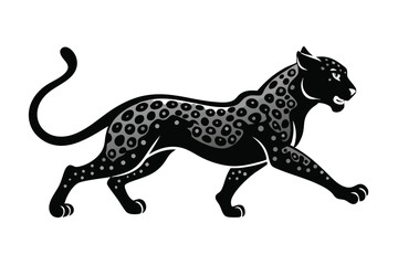 Fototapeta premium Sleek black jaguar silhouette on white with spotted pattern in a powerful running pose