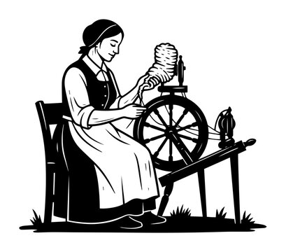 Spinning wheel craft vector engraving &ndash; seated woman hand‑spinning wool into yarn on rustic distaff, traditional textile art