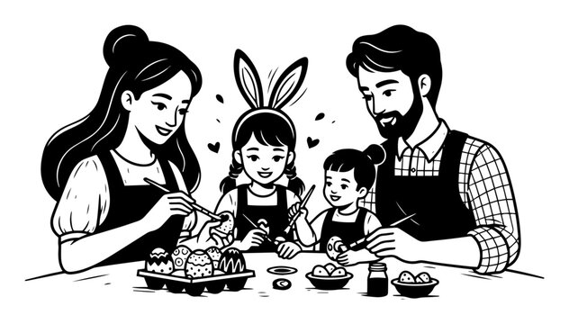Family decorating cupcakes vector illustration – happy parents and kids frosting sweet desserts together in home kitchen, fun baking activity