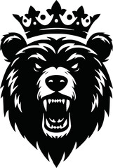 silhouette angry bear head with crown vector logo isolated on white background