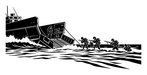 Fototapeta premium Black and white vector of army landing operation